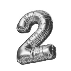 Number two in the shape of a balloon, isolated on a transparent background. An inflatable balloon of chrome color with a glossy texture.