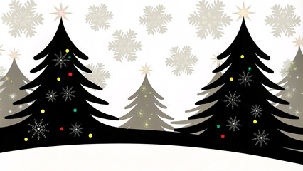 Obraz premium Festive Christmas vector design with decorated pine trees, snowflakes, and golden ornaments, in a modern flat illustration style, perfect for greeting cards and web banners