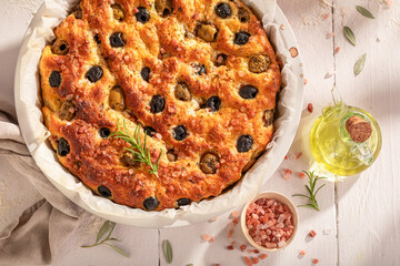 Hot focaccia made of fresh and vegan ingredients.