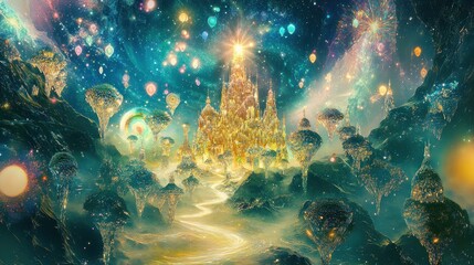 Fototapeta premium A fantastical landscape featuring a shimmering golden city amidst glowing trees and cosmic elements.