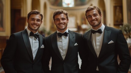 Group of men in tuxedos smiling at formal event, luxury setting, elegant suits, wedding groomsmen, celebration, black tie, polished, confidence, happy