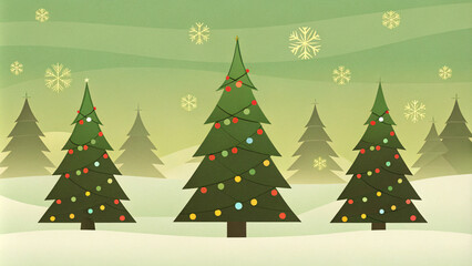 Festive Christmas vector design with decorated pine trees, snowflakes, and golden ornaments, in a modern flat illustration style, perfect for greeting cards and web banners