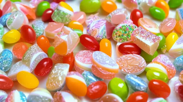 A pile of colorful candy with a variety of flavors. Some of the candies are shaped like fruits