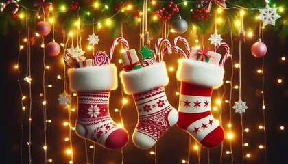 cheerful christmas stockings filled with candy canes and toys, hung above glowing garlands with blank text area