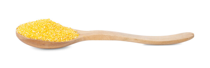 Raw cornmeal in wooden spoon isolated on white