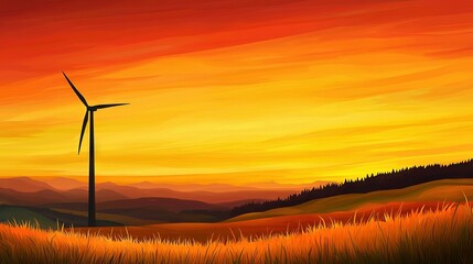 Obraz premium A painting of a sunset with a wind turbine in the foreground and a mountain range in the background, captured by an artist who skillfully incorporates dynamic colors to convey the seren