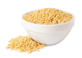Raw couscous in bowl isolated on white
