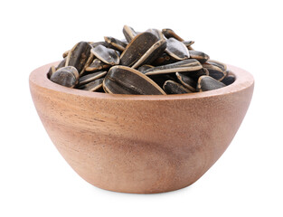 Sunflower seeds in wooden bowl isolated on white