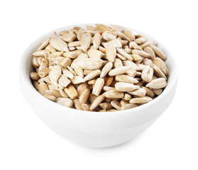 Peeled sunflower seeds in bowl isolated on white