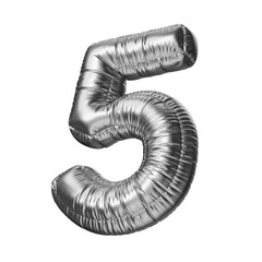 Number five in the shape of a balloon, isolated on a transparent background. An inflatable balloon of chrome color with a glossy texture.