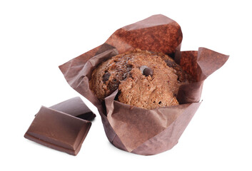 Delicious sweet muffin with chocolate chips isolated on white