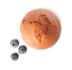 Delicious sweet muffin and blueberries isolated on white, top view