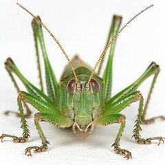 Great green bush cricket  Tettigonia viridissima  in front of white background