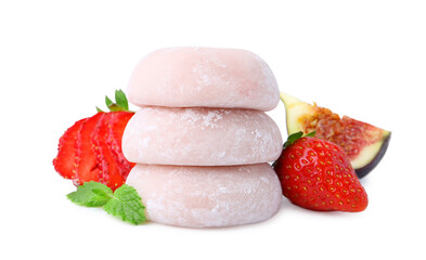 Delicious mochi, strawberries, fig and mint isolated on white