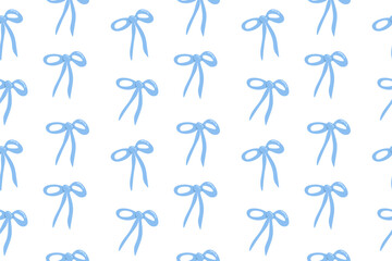 Hand drawn simple light blue bows seamless pattern. Vector flat background with doodle bows in retro style. Coquette ballet core for girls