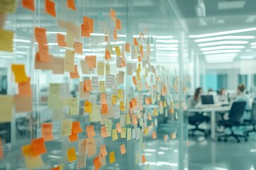 sticky notes on a glass wall. Generative AI
