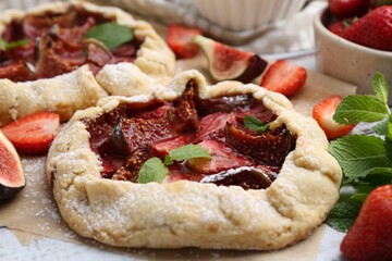 Tasty galettes with strawberries, figs and mint on table, closeup