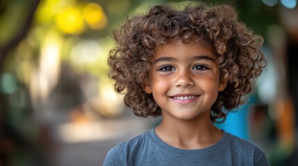Adorable curly-haired boy outdoors in natural sunlight, beaming with joy, close-up portrait of cheerful childhood innocence, happy and carefree moments in nature
