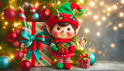 festive bright christmas card with gift boxes and an elf with copy space