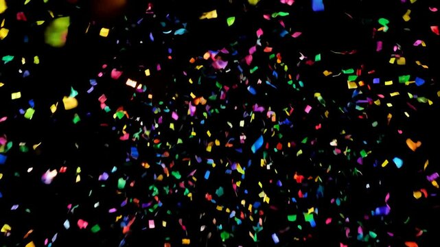 A colorful explosion of confetti is falling from the sky. The confetti is in various colors and sizes, creating a vibrant and festive atmosphere