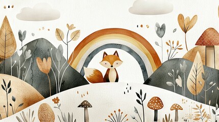   Fox in Rainbow Forest, a captivating painting portrays a fox perched in the heart of a dense woodland, surrounded by an ethereal rainbow