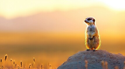   A meerkat perched on a rock amidst a field of tall grass during sunset