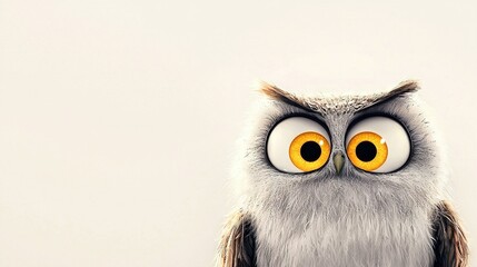 Naklejka premium A close-up of an owl with yellow eyes against a white background, featuring a white wall in the background