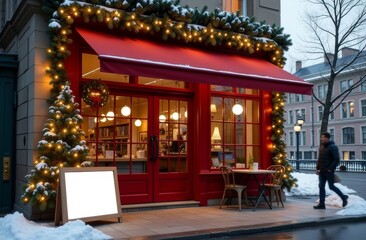 red Exterior Festively Decorated Cafe for Christmas, Mock Up, Copy Space