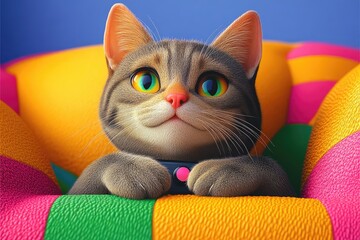 A playful kitty reclines on a colorful cushion, showcasing bright autumn hues as the leaves fall outside. Its curious eyes reflect a joyful spirit amidst the cozy ambiance of the season