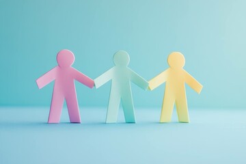 Colorful paper cutout figures holding hands, symbolizing unity and teamwork, set against a calming blue background with a soft pastel color palette.