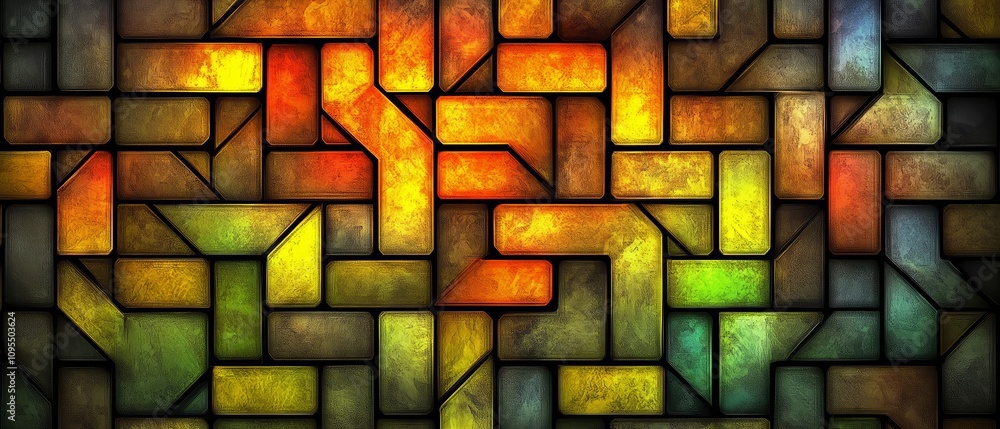 Poster colorful abstract design made of squares and triangles. the colors are bright and bold, creating a s