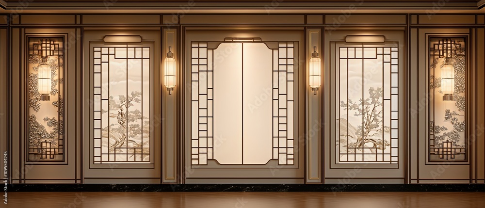 Aufkleber room with four windows, each with a different design. the windows are decorated with trees and other
