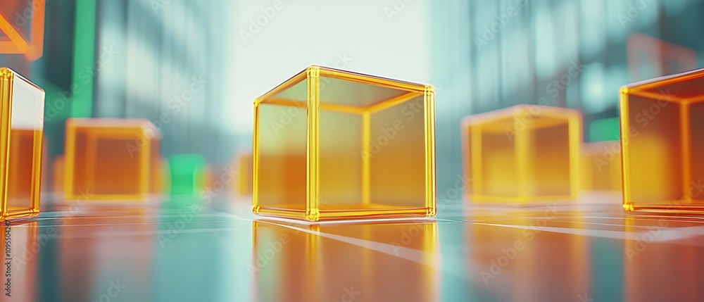 Poster row of cubes are shown in a city setting. the cubes are all the same size and color, and they are ar
