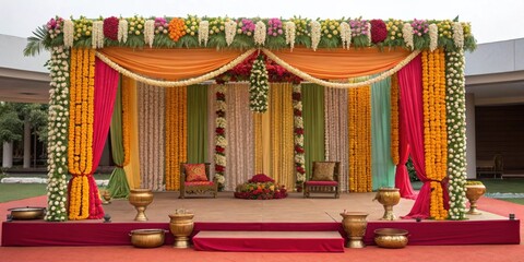 Outdoor wedding stage featuring vibrant floral arrangements, flowing fabrics, and ornate chairs, creating a festive atmosphere for a traditional indian ceremony