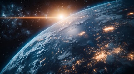 Planet with a sun shining on it. The sun is in the middle of the image and is surrounded by a lot of stars