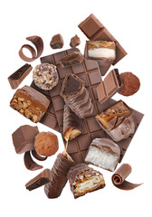 Different chocolate products in air on white background