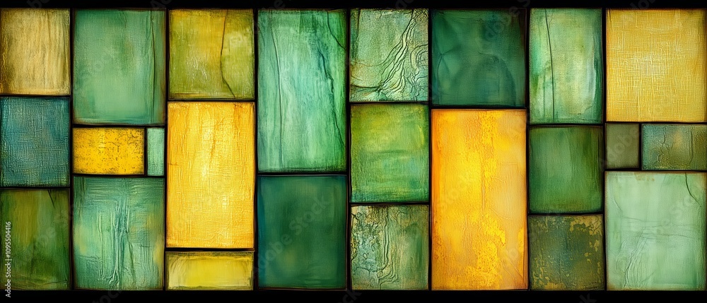 Poster wall made of green and yellow tiles. the tiles are arranged in a way that creates a pattern