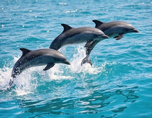 Fototapeta premium Group of dolphins jumping out of the water in the ocean. Natural wildlife photography. Marine life and ocean wildlife concept.