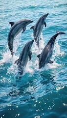 Obraz premium Group of dolphins jumping out of the water in the ocean. Natural wildlife photography. Marine life and ocean wildlife concept.