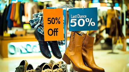 Discounted footwear display showcasing stylish boots and sandals with vibrant sale signs.