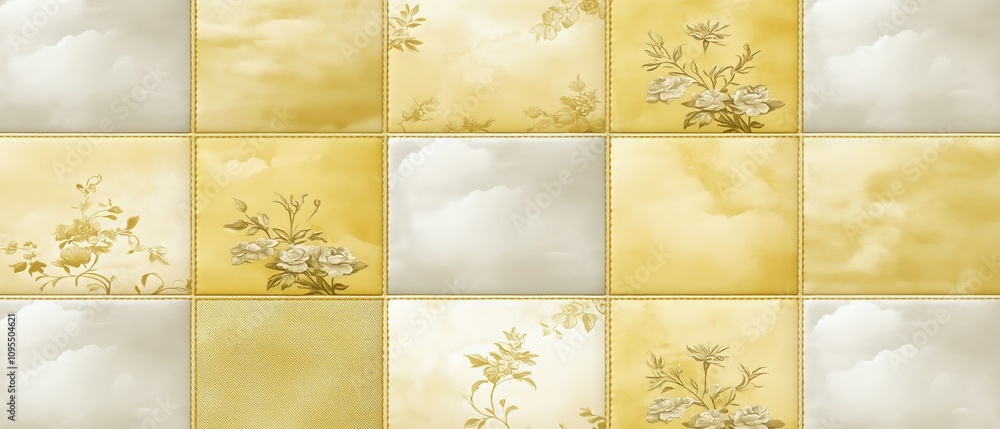 Poster yellow and white tile pattern with a floral design. the tiles are arranged in a square grid