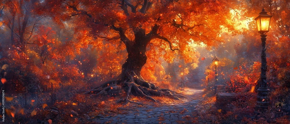 Poster beautiful autumn scene with a tree in the foreground and a bench in the background