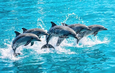 Group of dolphins jumping out of the water in the ocean. Natural wildlife photography. Marine life and ocean wildlife concept.