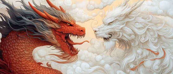 Two dragons are fighting in the sky. One is red and the other is white. The white dragon has a long white mane © panumas