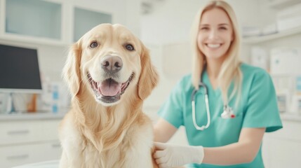 Veterinarian and dog, golden retriever sitting calmly on an examination table while the vet gently checks its ears,