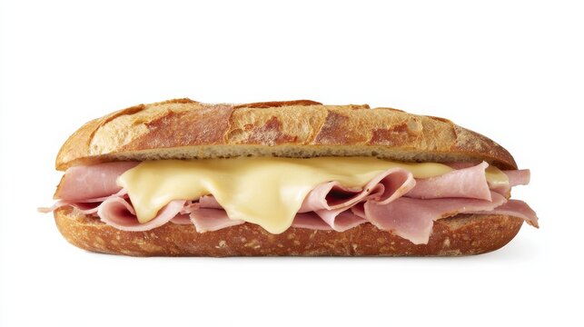 A classic ham and Swiss sandwich with thinly sliced ham, melted Swiss cheese, and Dijon mustard on a crusty baguette