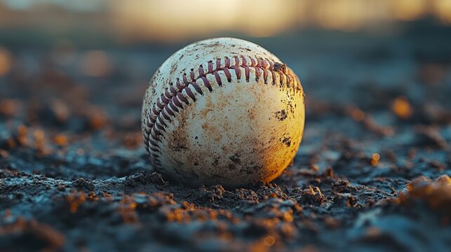 Old worn baseball resting on muddy ground at sunset, symbolizing sports nostalgia, perseverance, competition, outdoor games, childhood memories, and timeless moments