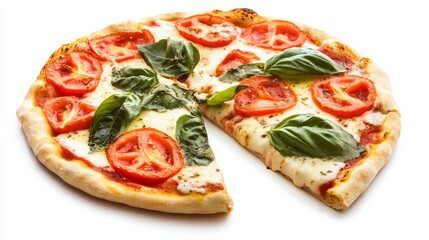 A classic margherita pizza topped with fresh mozzarella, ripe tomatoes, and fragrant basil leaves