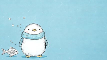   A penguin with a scarf on its neck and a fish on a blue backdrop is illustrated in the image