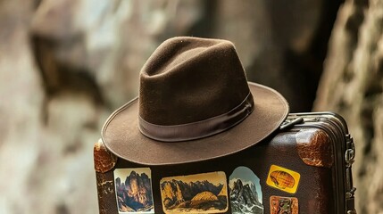 A vintage brown hat rests atop a travel suitcase adorned with scenic stickers.